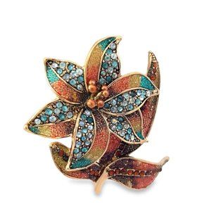 Vintage - Signed - Liz Claiborne Large Floral Gold Copper Blue Rhinestone Flower